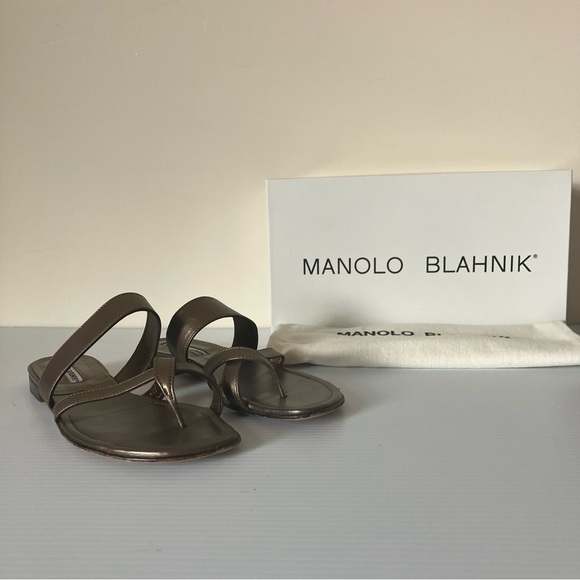 Manolo Blahnik Bronze Susa Leather Flat Sandal size EU 37.5 US 7 - Picture 3 of 10